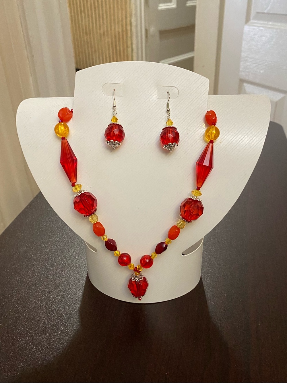Red and Amber Crystal Necklace & Earrings Set